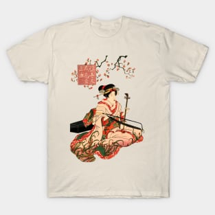 Geisha playing music under sakura Japanese art T-Shirt